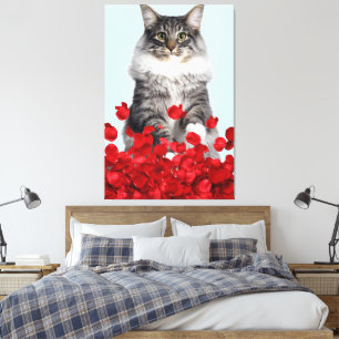 grijze kat en rode rozen canvas afdruk