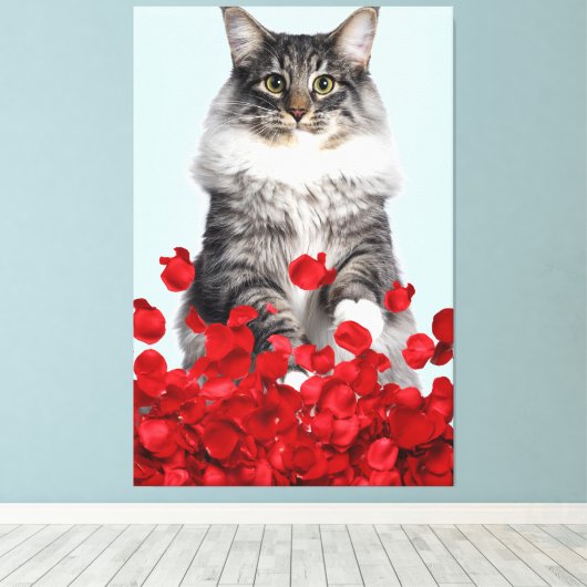 grijze kat en rode rozen canvas afdruk (Insitu (Houten vloer))