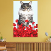 grijze kat en rode rozen canvas afdruk (Insitu (Woonkamer))