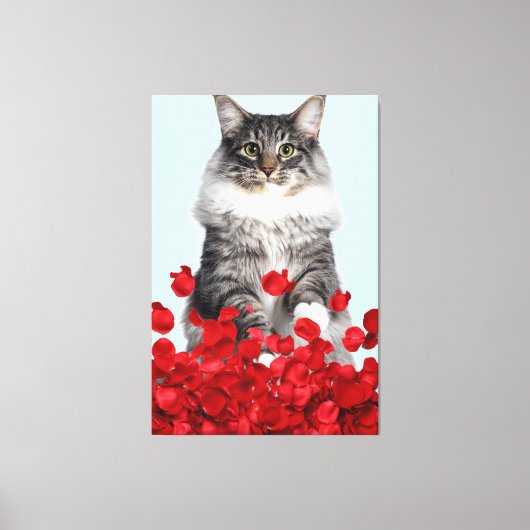 grijze kat en rode rozen canvas afdruk (Voorkant)