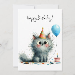 Grijze kat feesthoed ballon verjaardag plat en gri kaart