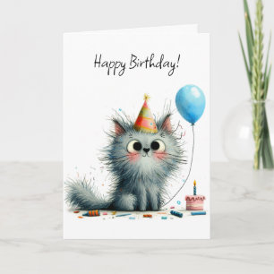 Grijze kat feesthoed ballon verjaardag vol fantasi kaart