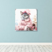 Grijze kat gekleed in roze in een raam canvas afdruk (Insitu (Houten vloer))