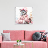 Grijze kat gekleed in roze in een raam canvas afdruk (Insitu (Woonkamer))
