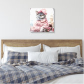 Grijze kat gekleed in roze in een raam canvas afdruk (Insitu (Slaapkamer))