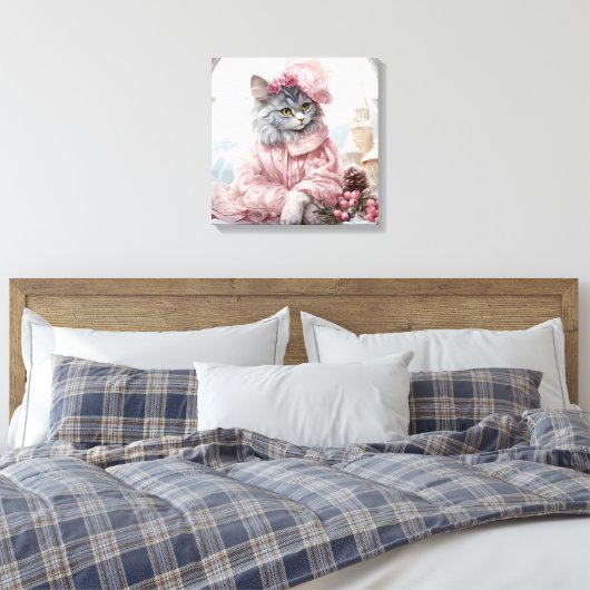 Grijze kat gekleed in roze in een raam canvas afdruk (Insitu (Slaapkamer))
