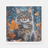 Grijze Kat Groene Ogen Poseren met Herfstbladeren Servet (Voorkant)