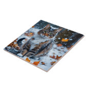 Grijze Kat Groene Ogen Poseren met Herfstbladeren Tegeltje (Zijkant)