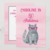 Grijze Kat, Helder Roze, 50 & Fabulous, Leuke Verj Kaart (Voorkant / Achterkant)