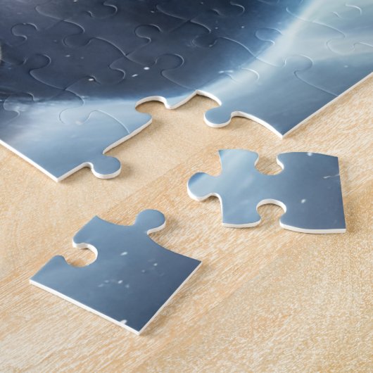 Grijze kat in blauwe soep in de ruimte legpuzzel (Zijkant)