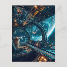 Grijze kat in cockpit met de aarde buiten feestdagenkaart