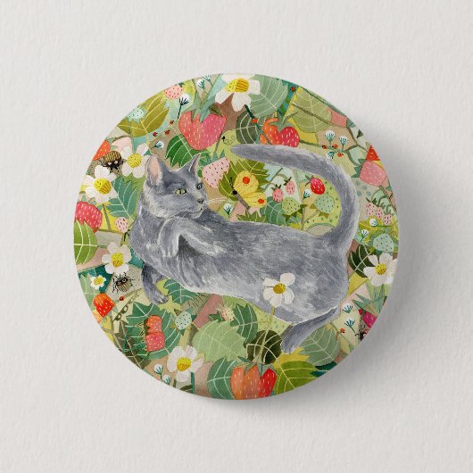 Grijze kat in de knop Strawberry Patch Ronde Button 5,7 Cm (Voorkant)