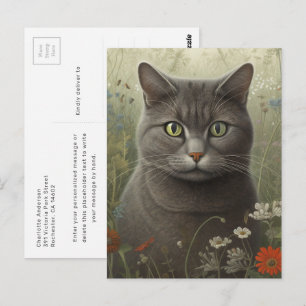 Grijze Kat In Een Tuin Ansichtkaart Briefkaart