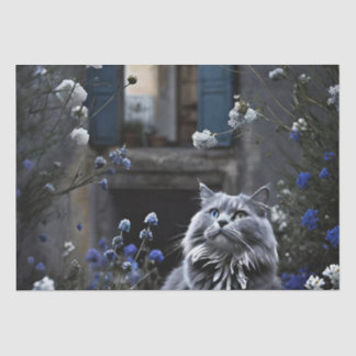 Grijze Kat in een veld van bloemen Tissuepapier