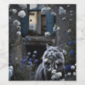 Grijze Kat in een veld van bloemen Wijn Etiket (Enkel label)