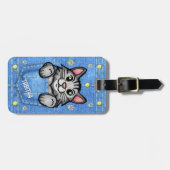 Grijze kat in Faux Denim Pocket met aangepaste naa Bagagelabel (Voorkant horizontaal)