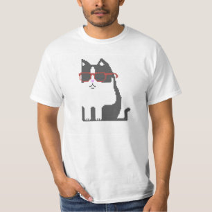 Grijze kat in rode glazen Pixel Art T-shirt