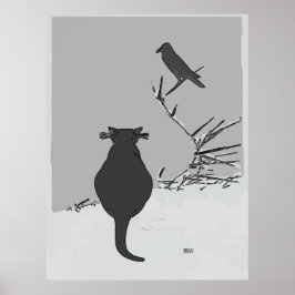 Grijze kat in Yard met vogel Poster