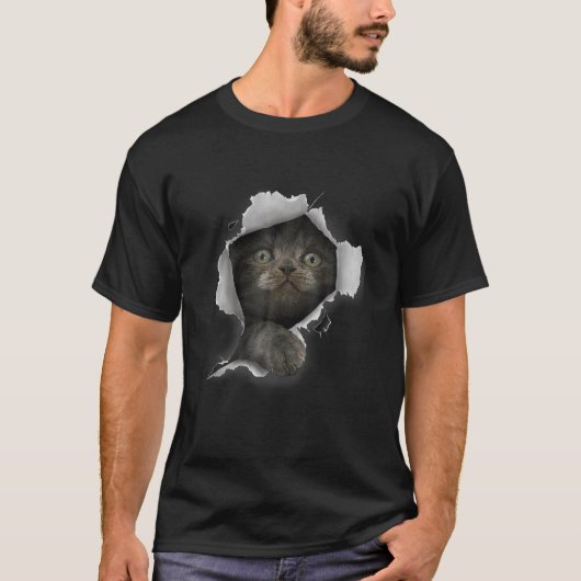 Grijze kat kat kat gescheurde stof kitten t-shirt (Voorkant)