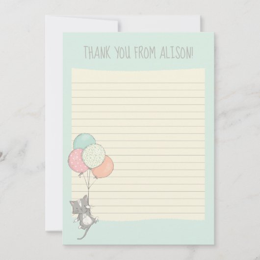 Grijze kat met ballonnen, klein led flatpanel bedankkaart (Voorkant)