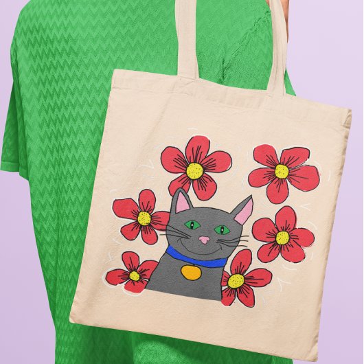 Grijze kat met bloemen personaliseren met eigen in tote bag