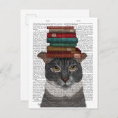 Grijze kat met Boeken op kop Briefkaart (Voorkant / Achterkant)