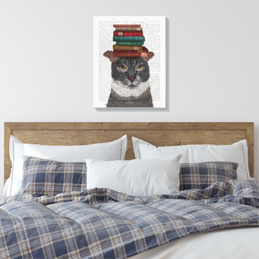 Grijze kat met Boeken op kop Canvas Afdruk (Insitu (Slaapkamer))