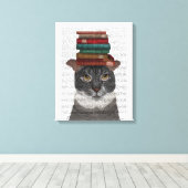 Grijze kat met Boeken op kop Canvas Afdruk (Insitu (Houten vloer))