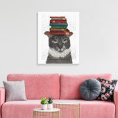Grijze kat met Boeken op kop Canvas Afdruk (Insitu (Woonkamer))