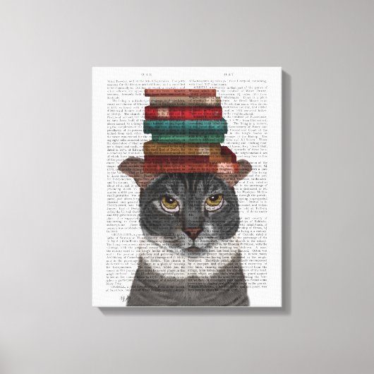 Grijze kat met Boeken op kop Canvas Afdruk (Voorkant)