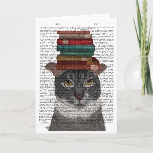 Grijze kat met boeken op kop kaart (Voorkant)