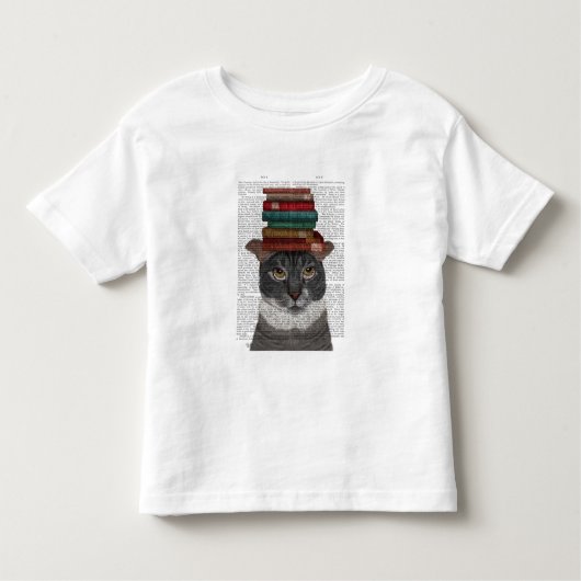 Grijze kat met Boeken op kop Kinder Shirts (Voorkant)