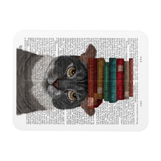 Grijze kat met Boeken op kop Magneet (Horizontaal)