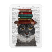 Grijze kat met Boeken op kop Magneet (Verticaal)