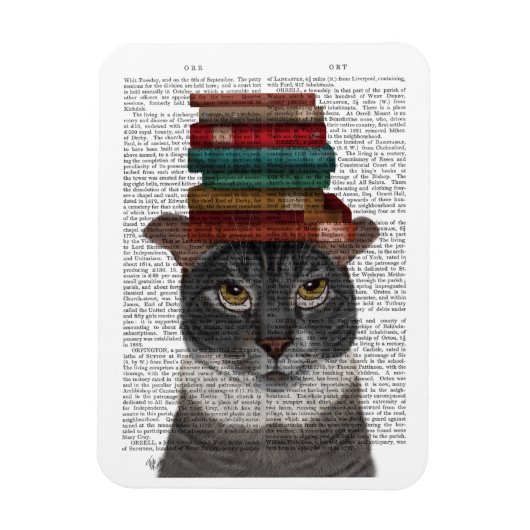 Grijze kat met Boeken op kop Magneet (Verticaal)
