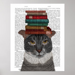 Grijze kat met Boeken op kop Poster