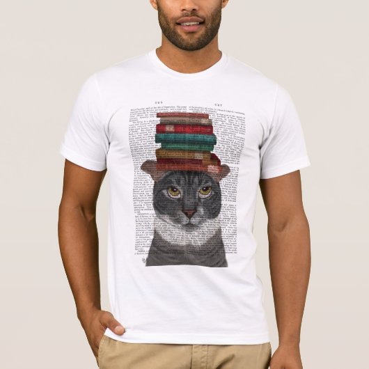 Grijze kat met Boeken op kop T-shirt (Voorkant)