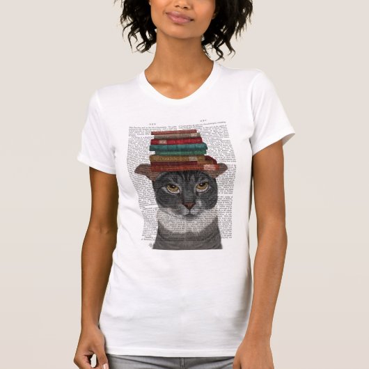 Grijze kat met Boeken op kop T-shirt (Voorkant)