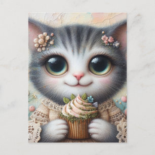 Grijze kat met een cupcake briefkaart