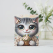 Grijze kat met een cupcake briefkaart (Staand voorkant)
