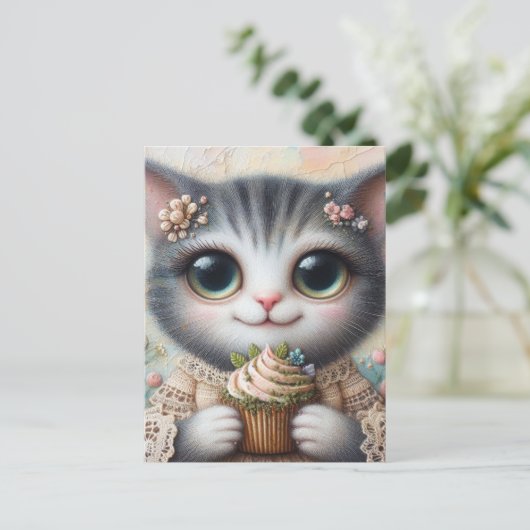 Grijze kat met een cupcake briefkaart (Staand voorkant)