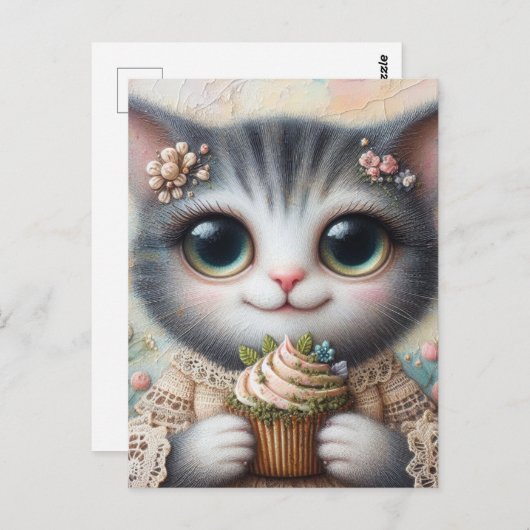 Grijze kat met een cupcake briefkaart (Voorkant / Achterkant)