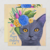 Grijze kat met Flowers Whimsical Art (Voorkant / Achterkant)