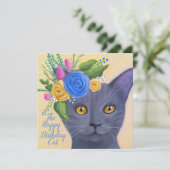 Grijze kat met Flowers Whimsical Art (Staand voorkant)