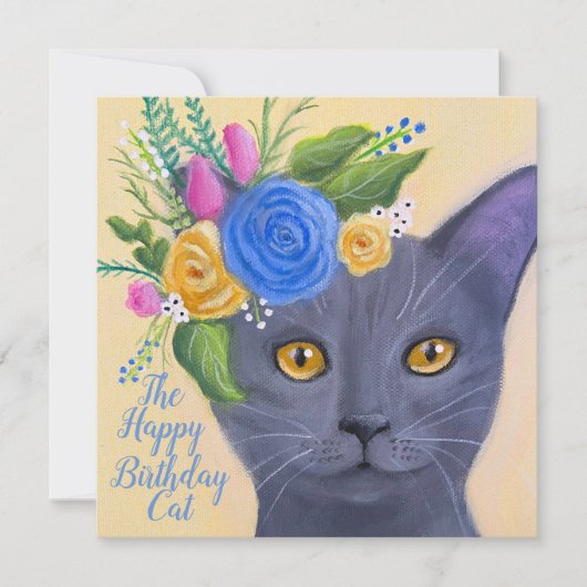 Grijze kat met Flowers Whimsical Art (Voorkant)