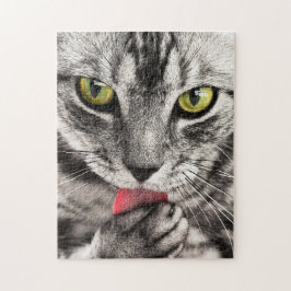 Grijze kat met gele groene verf legpuzzel