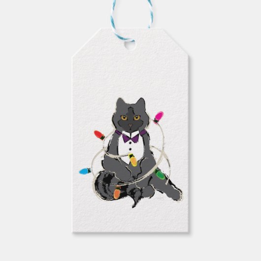 Grijze kat met kerstviering LIghts Cadeaulabel (Voorkant)