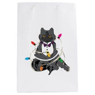 Grijze kat met kerstviering LIghts Medium Cadeauzakje