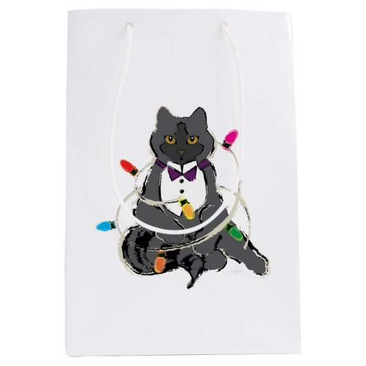 Grijze kat met kerstviering LIghts Medium Cadeauzakje (Voorkant)