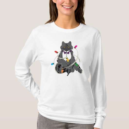 Grijze kat met kerstviering LIghts T-shirt (Voorkant)